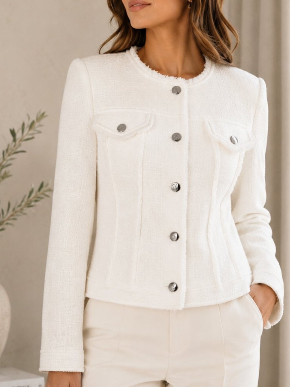 Karl Lagerfeld Paris White Tweed Fringe Jacket Collarless Snap Front Size 6